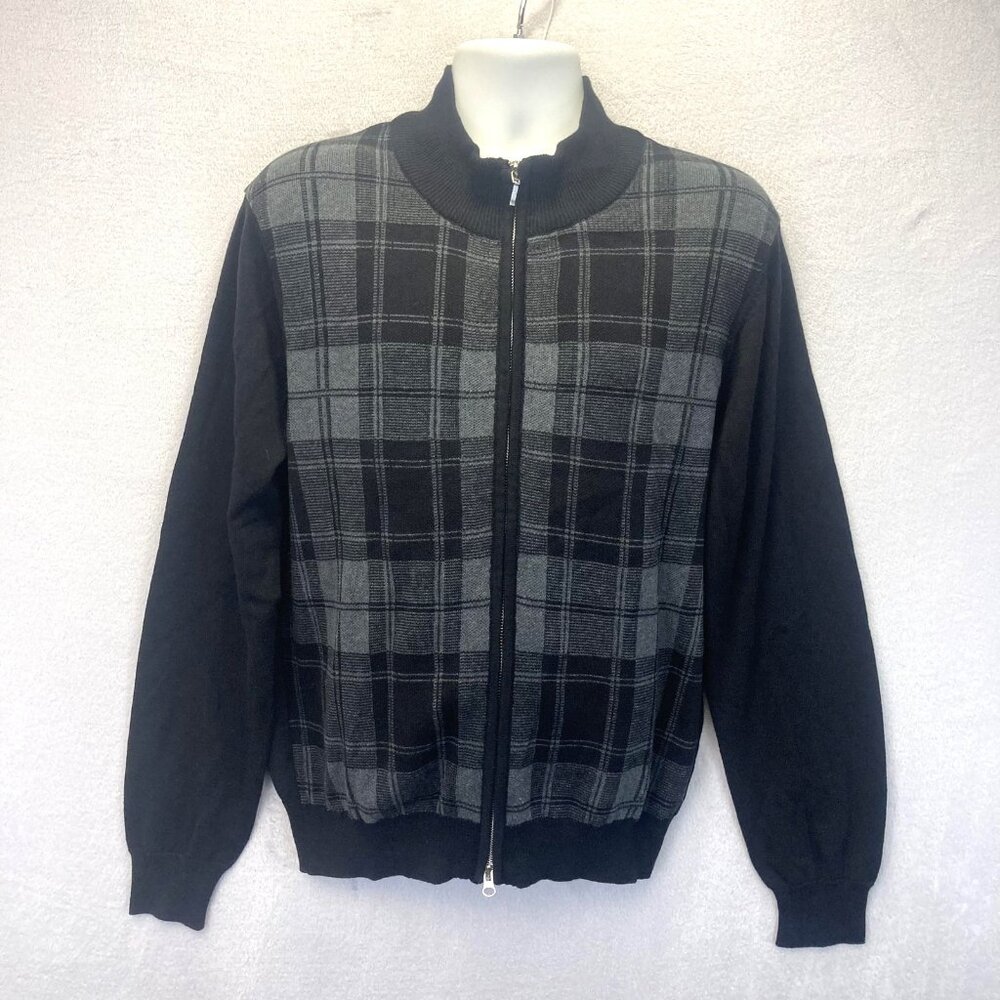 Lyle & Scott Zip Up Cardigan Sweater Mens Medium Black Gray Plaid Combed Cotton